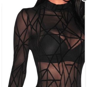 Black Mesh Geometrical Velvet Body suit